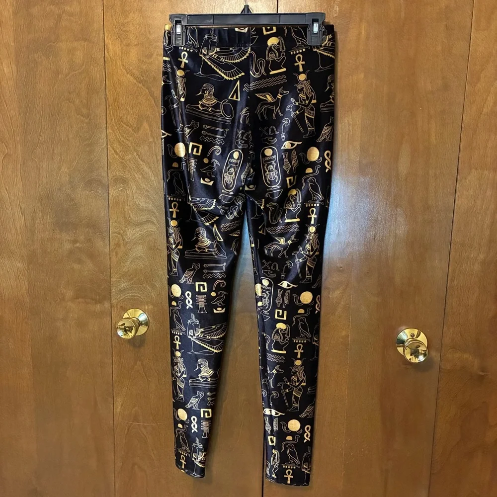 BlackMilk Black and Gold Egyptian Design Velvet Leggings - Picture 2 of 3